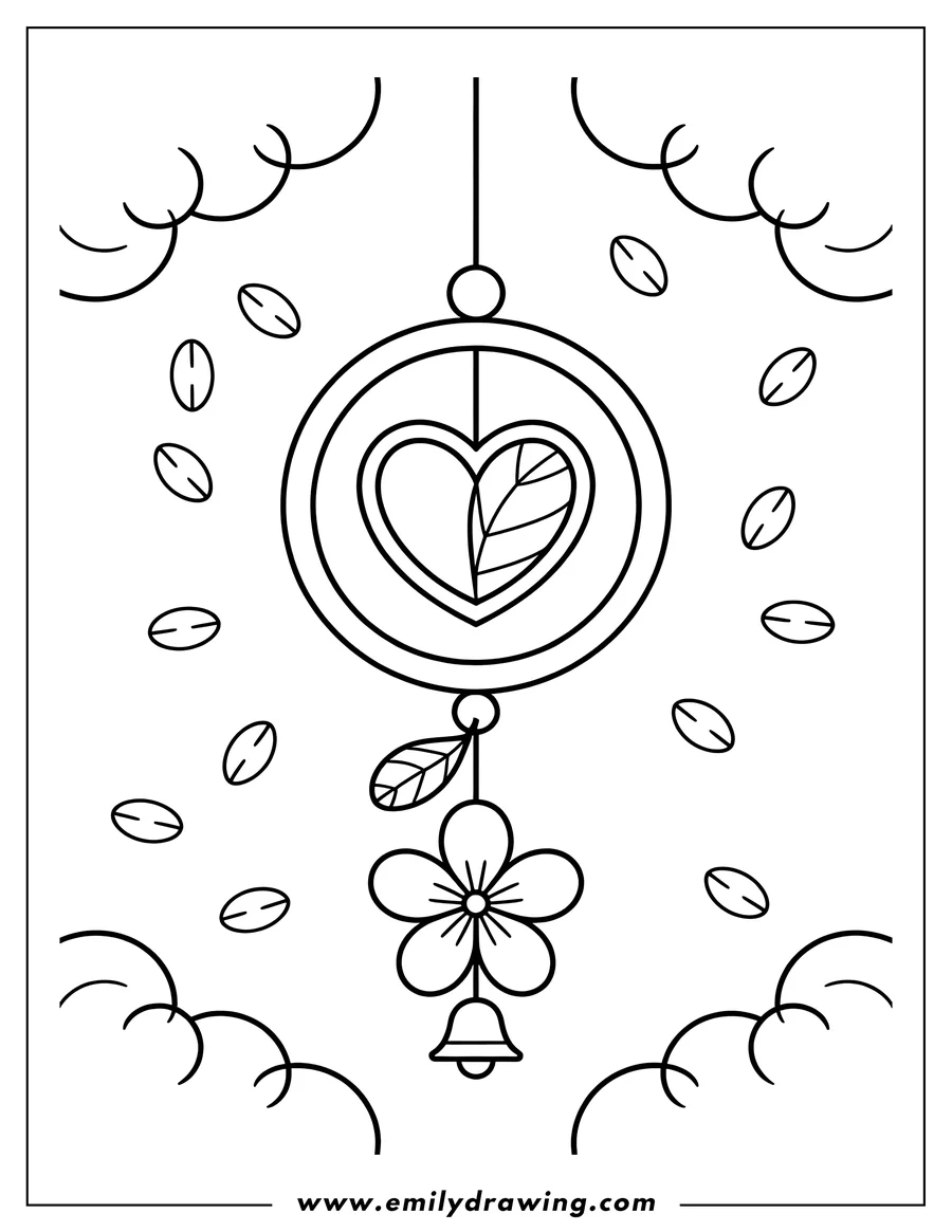 Line art of a wind chime with a heart-shaped center, a flower, a bell at the bottom, and small leaves falling around it.