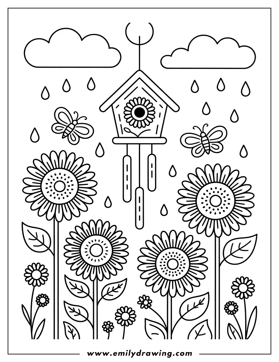 Line art of a wind chime hanging from a birdhouse-shaped structure with a floral design, surrounded by sunflowers and small flowers, with butterflies and raindrops falling from clouds above.