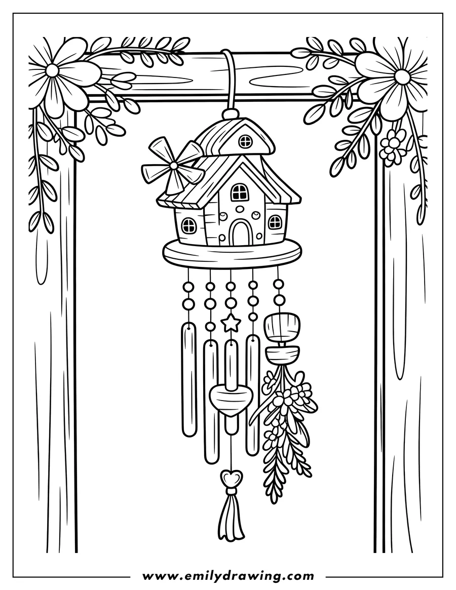 Line art of a whimsical wind chime shaped like a small house with a windmill, hanging from a wooden beam, decorated with beads, and a tassel.