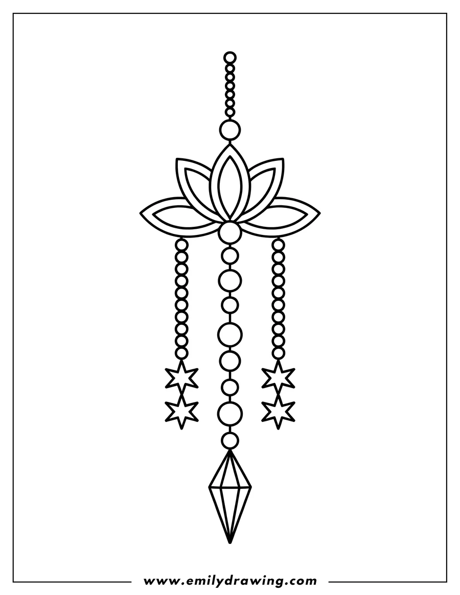 Line art of a wind chime with a lotus flower at the top, beaded strands, and stars hanging from the strands. A faceted crystal is at the bottom.