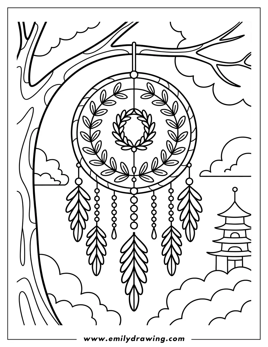Line art of a circular wind chime with leaf designs and hanging feathers, near a pagoda on a hilltop.