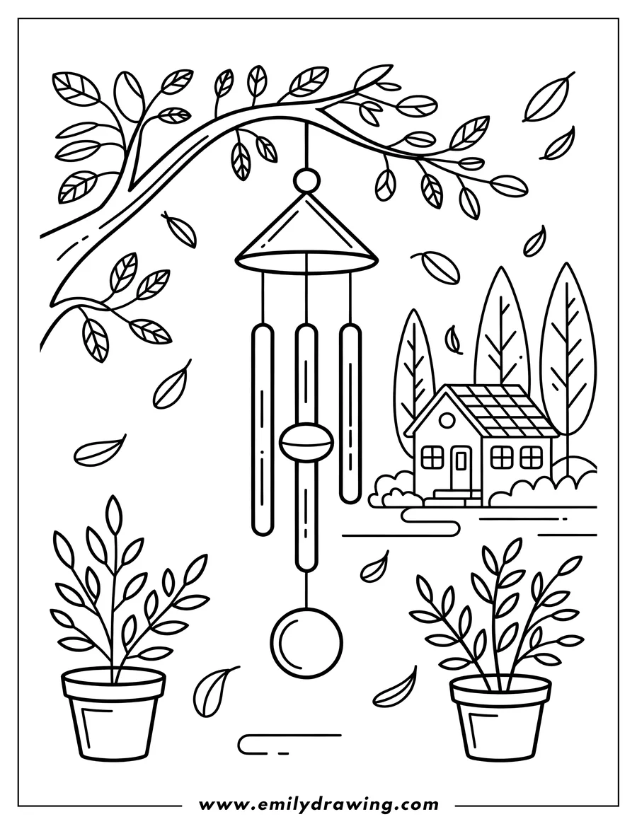 Line art of a wind chime hanging from a tree branch with falling leaves and a small house in the background.