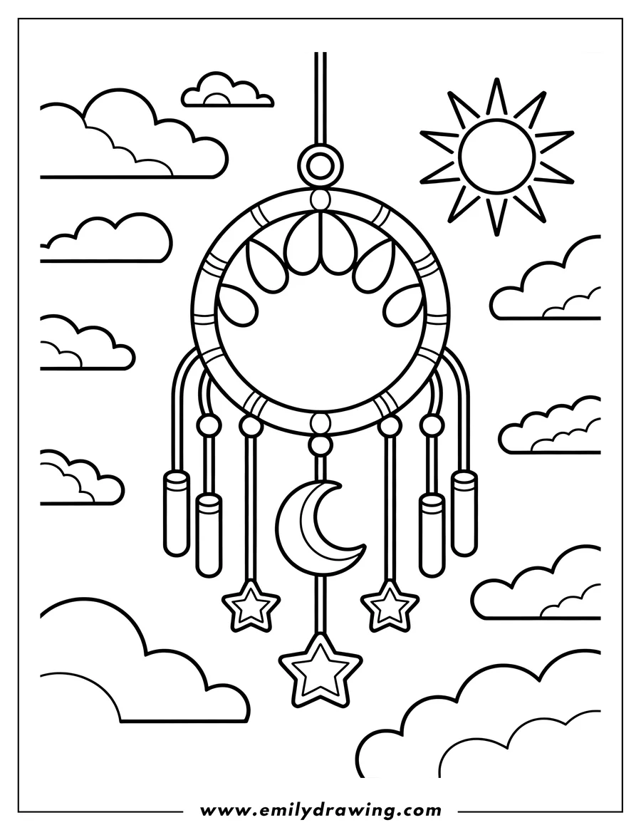 Outline of a wind chime with stars, a crescent moon, and fluffy clouds. A cheerful sun shines in the corner.