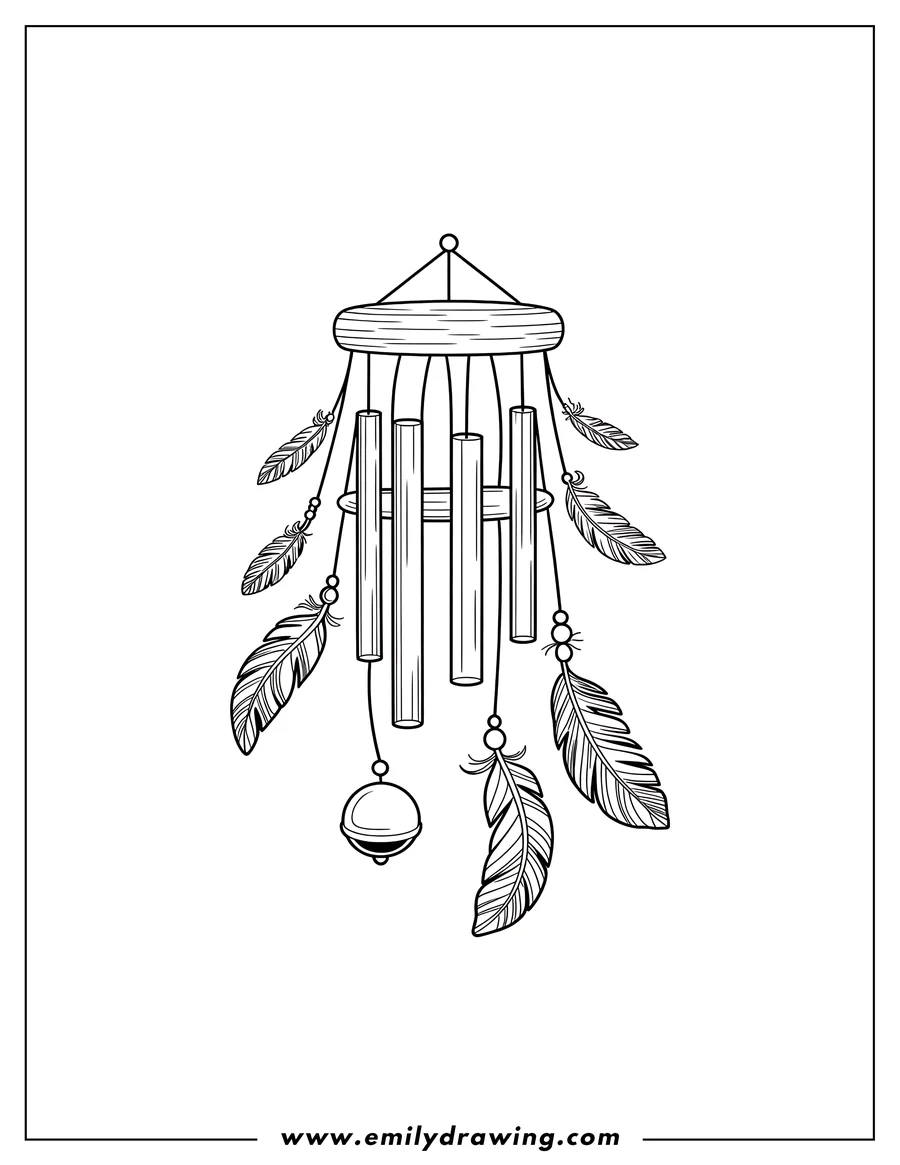 Line art of a wind chime decorated with feathers and beads, hanging from a wooden top.