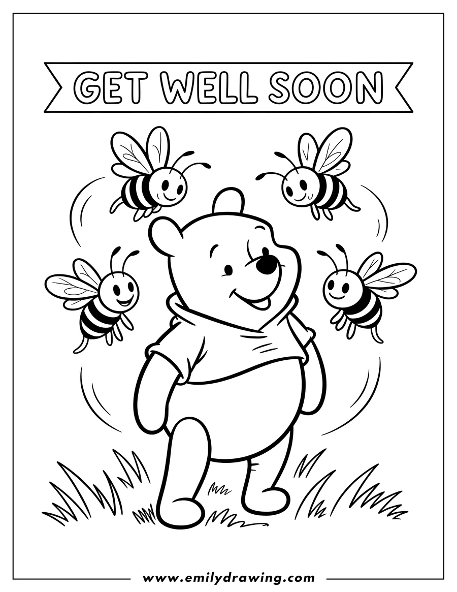 Line art of Winnie the Pooh with four bees buzzing around him. A 'Get Well Soon' banner is at the top. The scene is set in a grassy area.