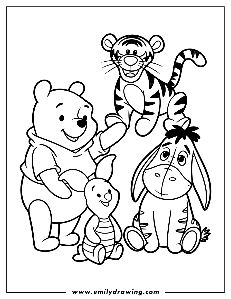 Line art of Winnie the Pooh, Tigger, Piglet, and Eeyore from the Hundred Acre Wood.