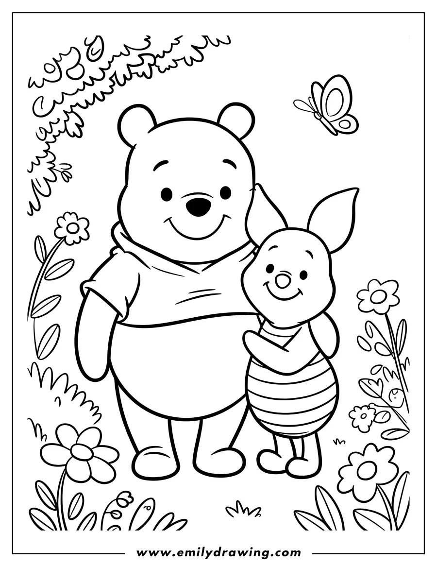 Line art of Winnie the Pooh and Piglet standing together with a butterfly nearby. Various flowers and plants surround them.