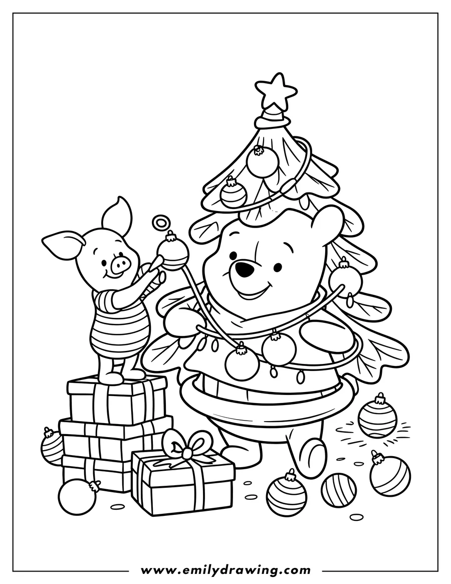 Line art of Winnie the Pooh and Piglet decorating a Christmas tree with ornaments. Pooh is wrapped in lights and Piglet stands on presents, adding an ornament to the tree.
