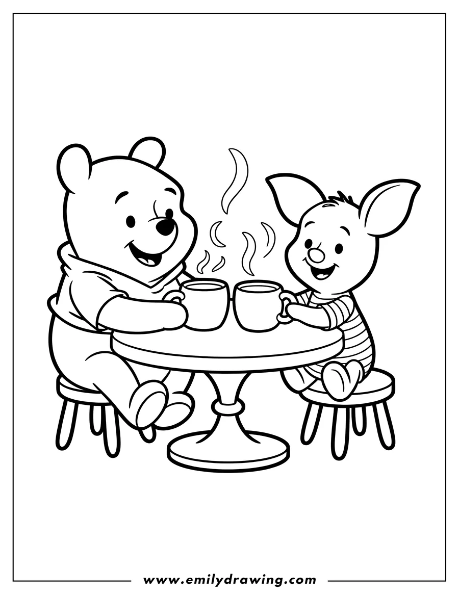 Line art of Winnie the Pooh and Piglet sitting at a table, each holding steaming mugs.