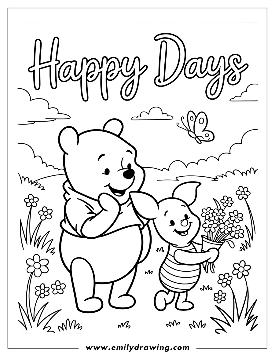Outline of Winnie the Pooh and Piglet in a field of flowers. Piglet is holding a bouquet. A butterfly flits by in the sky.