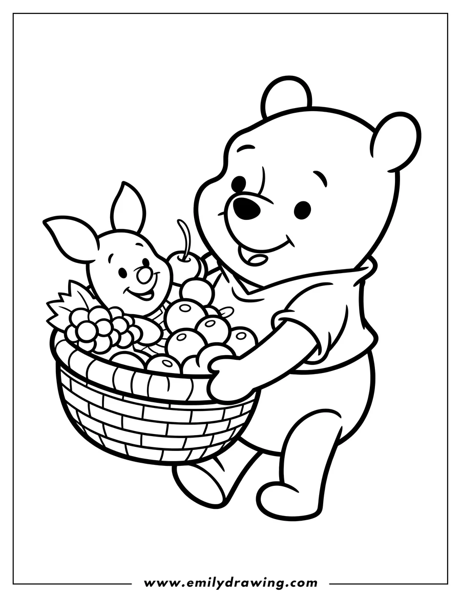 Line art of Winnie the Pooh and Piglet carrying a basket overflowing with various fruits, including grapes and cherries.