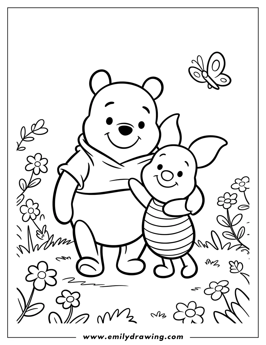 Line art of Winnie the Pooh and Piglet standing in a garden with flowers and a butterfly.