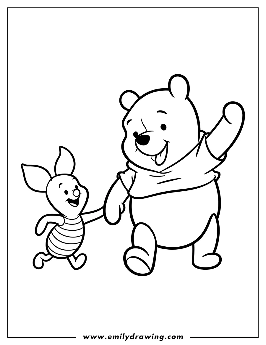 Line art of Winnie the Pooh and Piglet holding hands and smiling. Winnie the Pooh is wearing a shirt and has his tongue sticking out playfully. Piglet is wearing striped overalls.