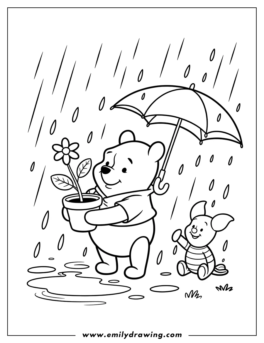 Line art of Winnie the Pooh holding an umbrella in the rain, sheltering a potted flower, while Piglet sits nearby.