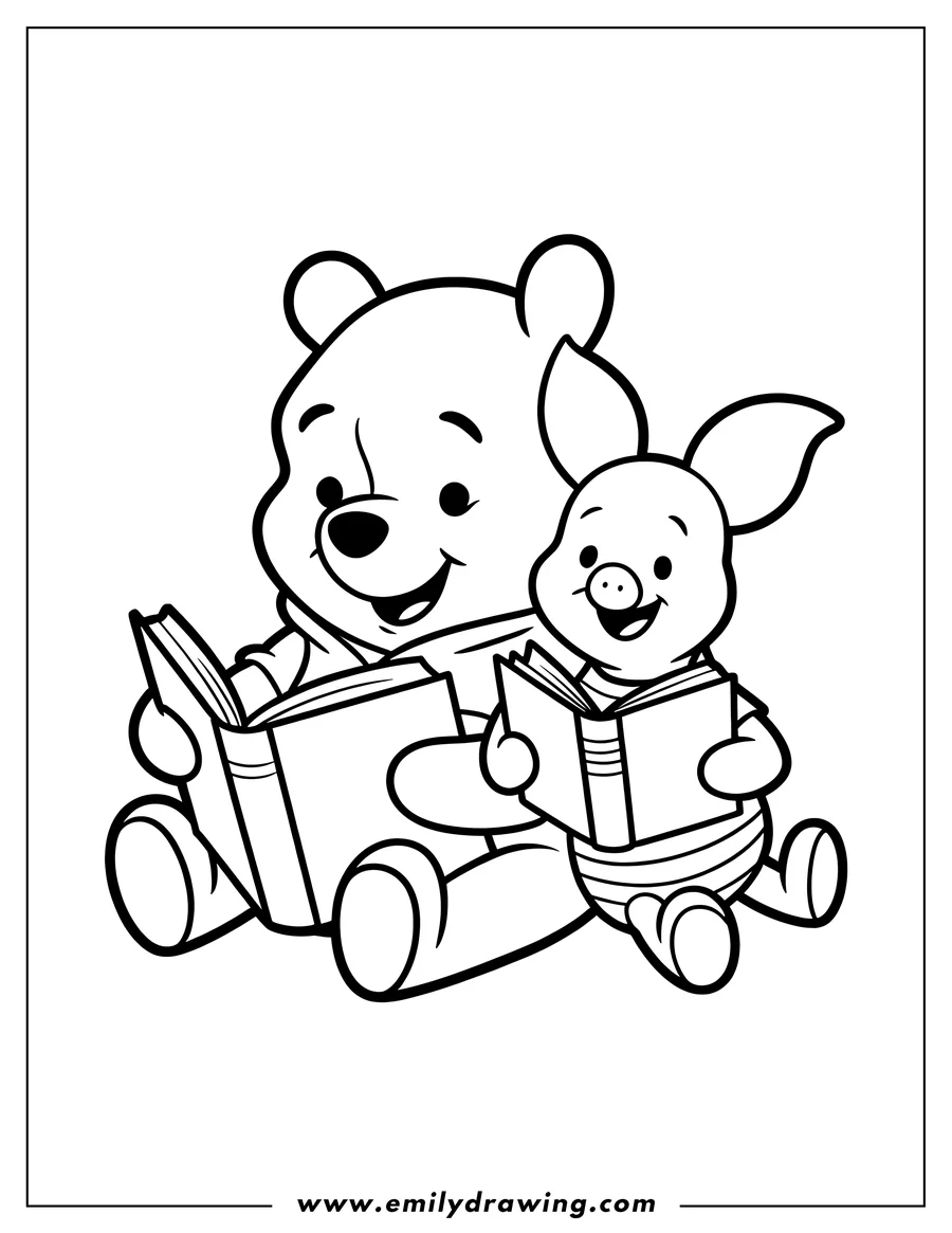 Line art of Winnie the Pooh and Piglet sitting and reading books together.