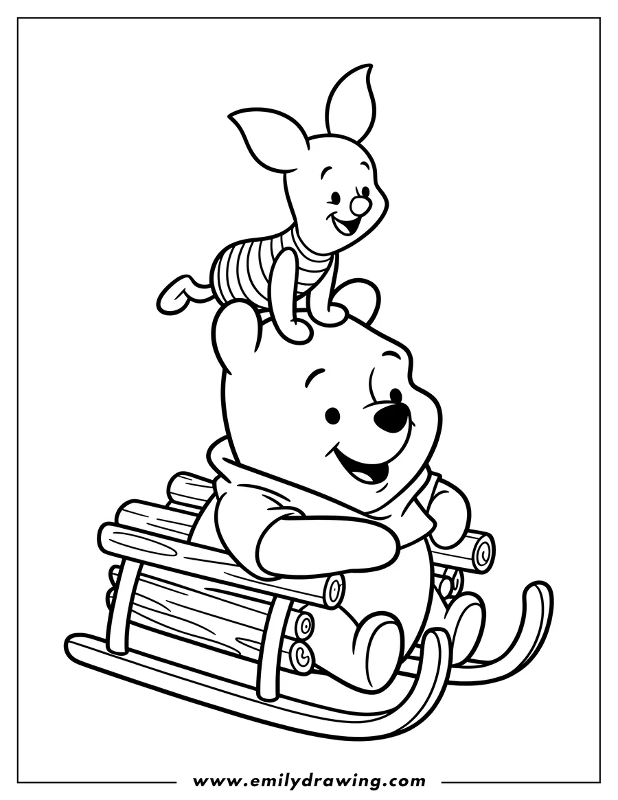 Outline of Winnie the Pooh and Piglet riding on a wooden sled. Piglet sits atop Pooh's head as they glide along, both with cheerful expressions.