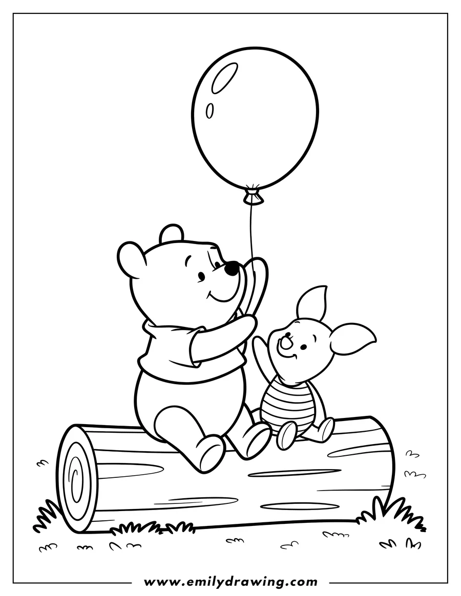 Line art of Winnie the Pooh and Piglet sitting on a log. Pooh holds a balloon. They appear happy.