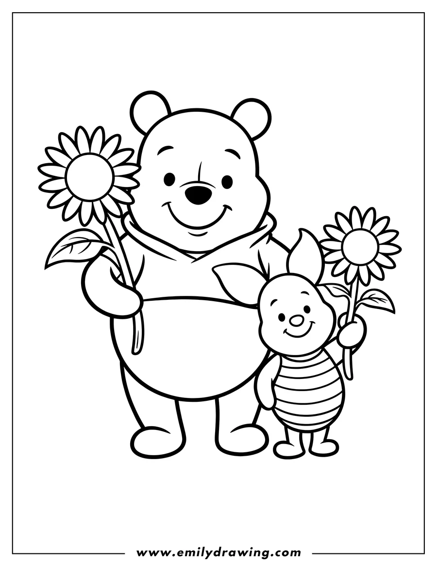 Line art of Winnie the Pooh and Piglet, each holding a large sunflower.