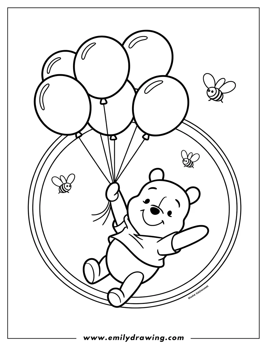 Outline of Winnie the Pooh holding a bunch of balloons and floating, with three bees flying nearby.