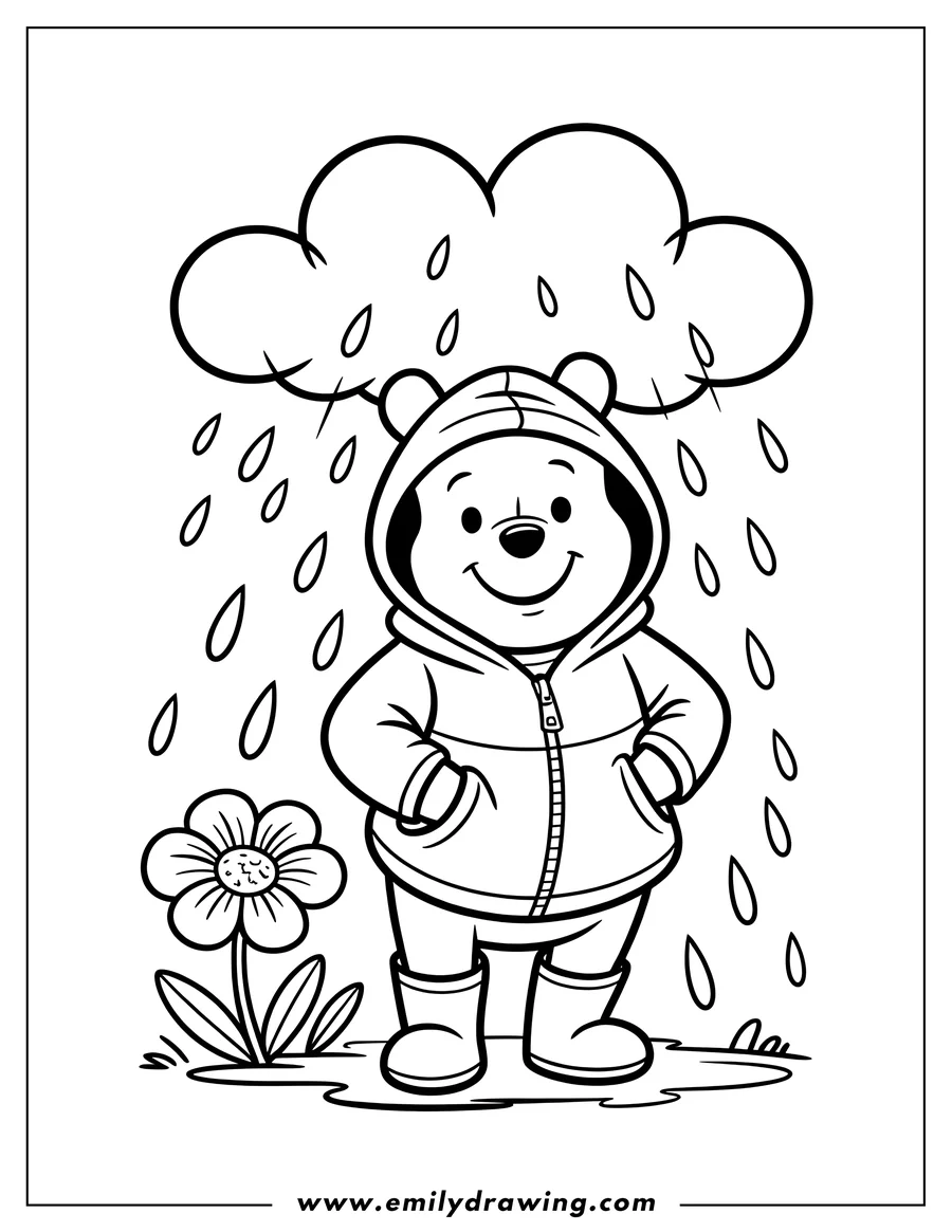 Line art of Winnie the Pooh wearing a hooded raincoat and rain boots, standing in the rain beside a small flower.