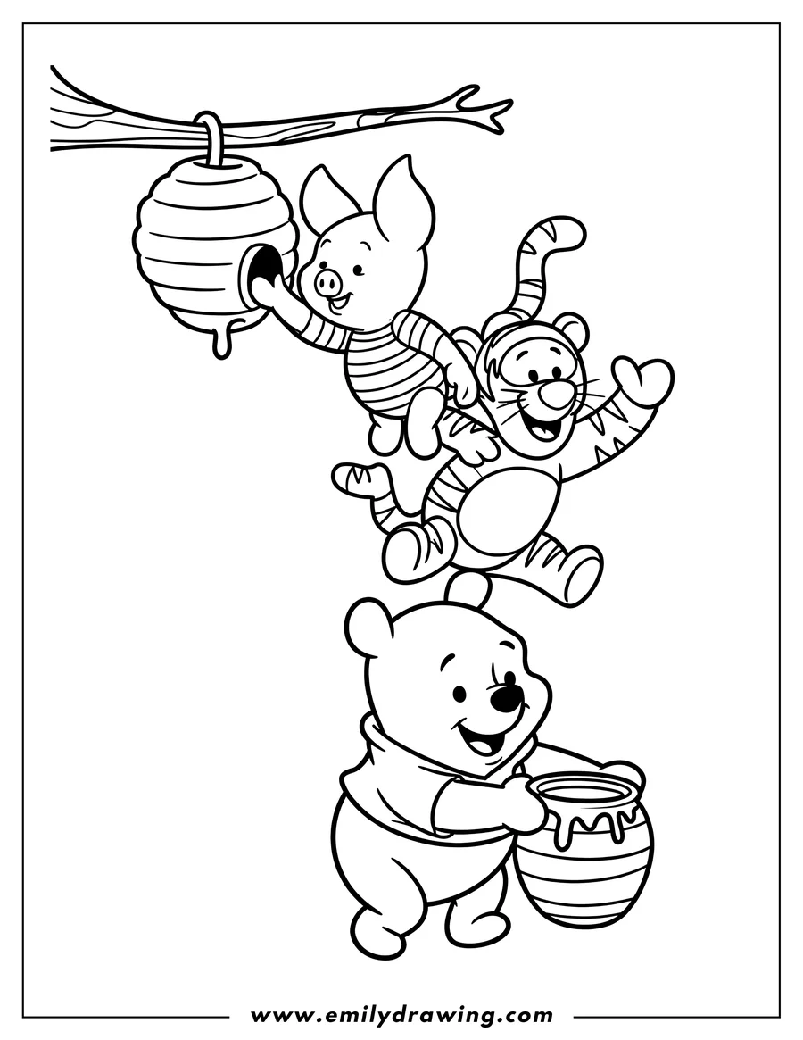 Line art of Winnie the Pooh holding a honey pot, Piglet reaching for a beehive, and Tigger bouncing playfully.