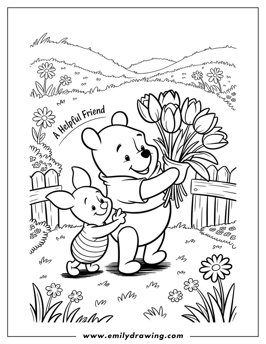 Outline of Winnie the Pooh holding tulips with Piglet by his side in a garden setting by a wooden fence.