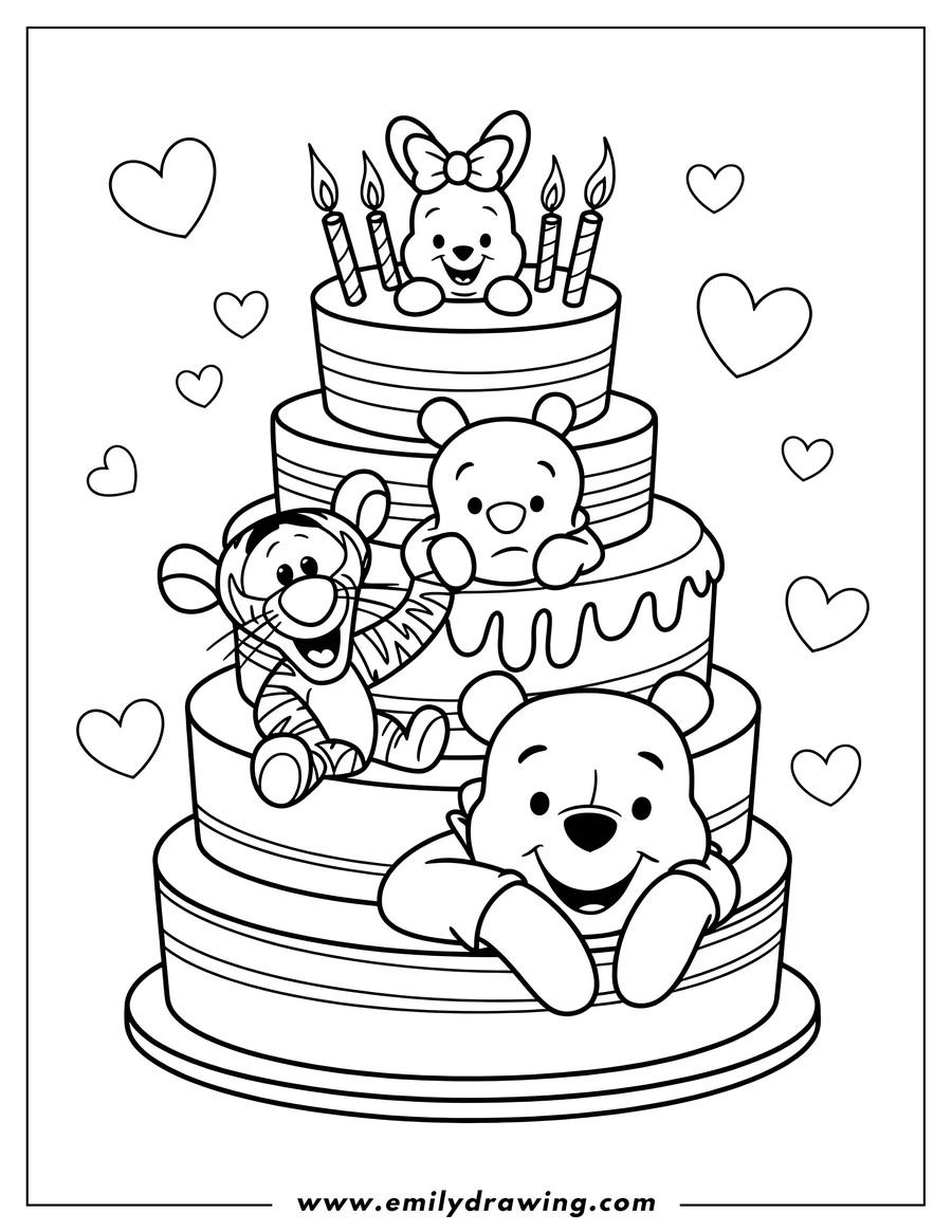 Line art of Winnie the Pooh, Tigger, and Kanga on a tiered birthday cake with lit candles.