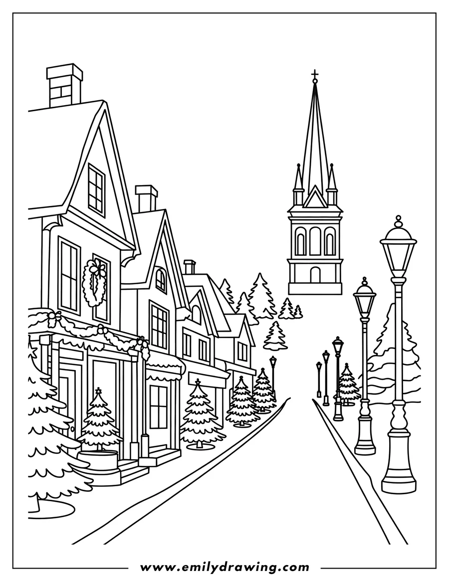 Outline of a winter city street scene with decorated houses, pine trees, lampposts, and a church.