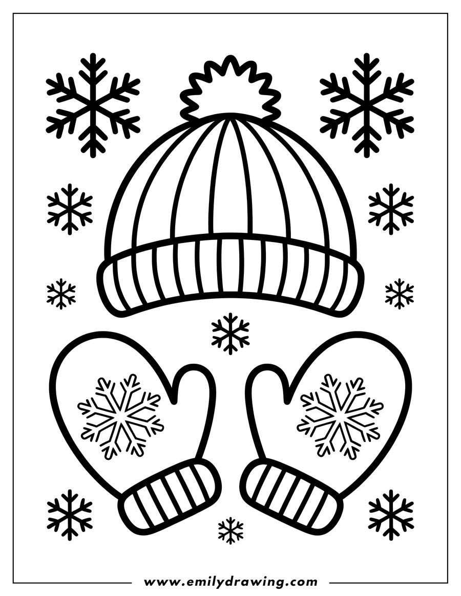 Outline of a winter hat with a pompom and a pair of mittens, each decorated with snowflakes. Additional snowflakes surround the hat and mittens.