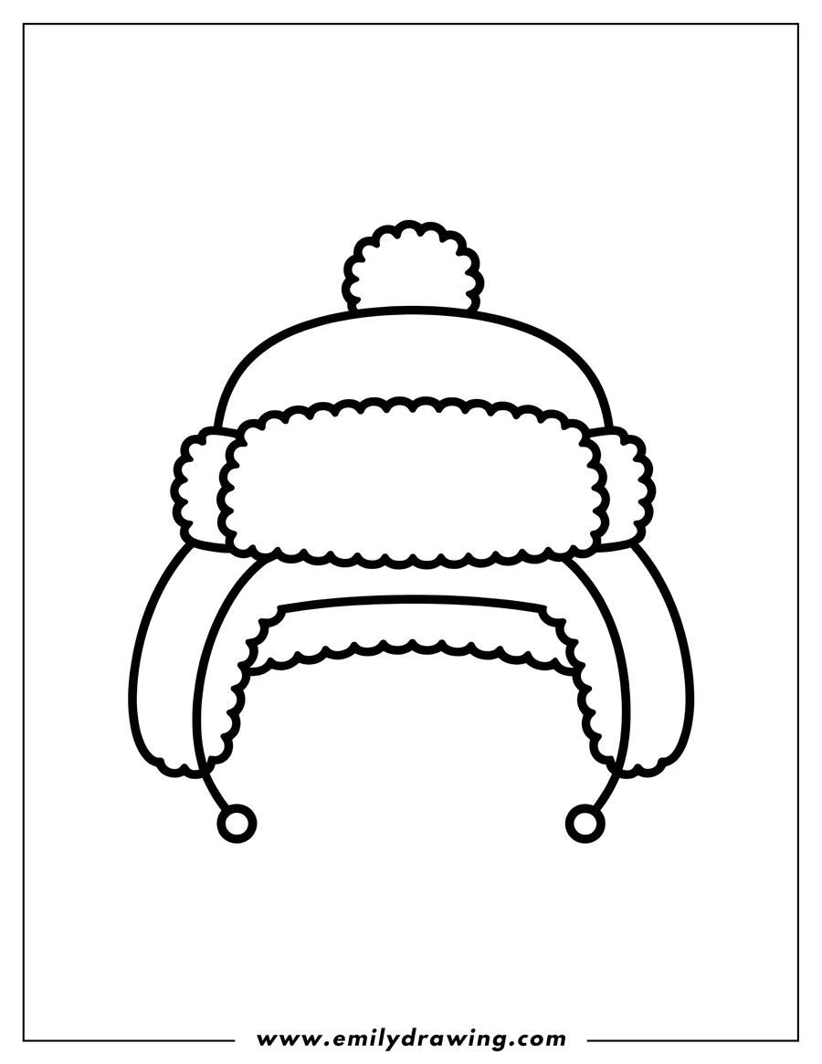 Line art of a winter hat with ear flaps and a pom-pom on top.