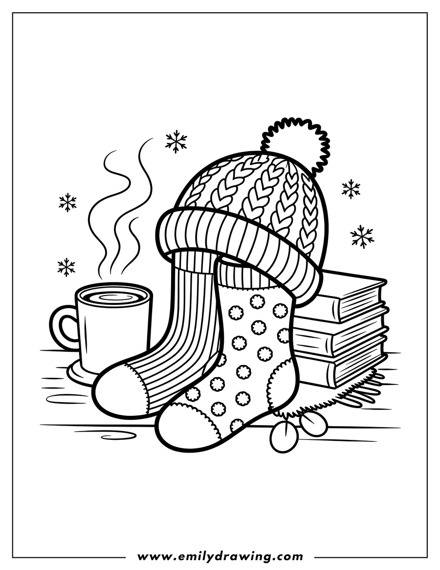 Line art of a winter hat, two socks, a steaming mug, books, and a fringed scarf, suggesting a cozy winter scene.