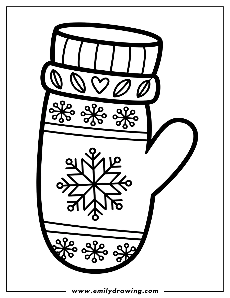 Outline of a winter mitten decorated with snowflakes and a heart.