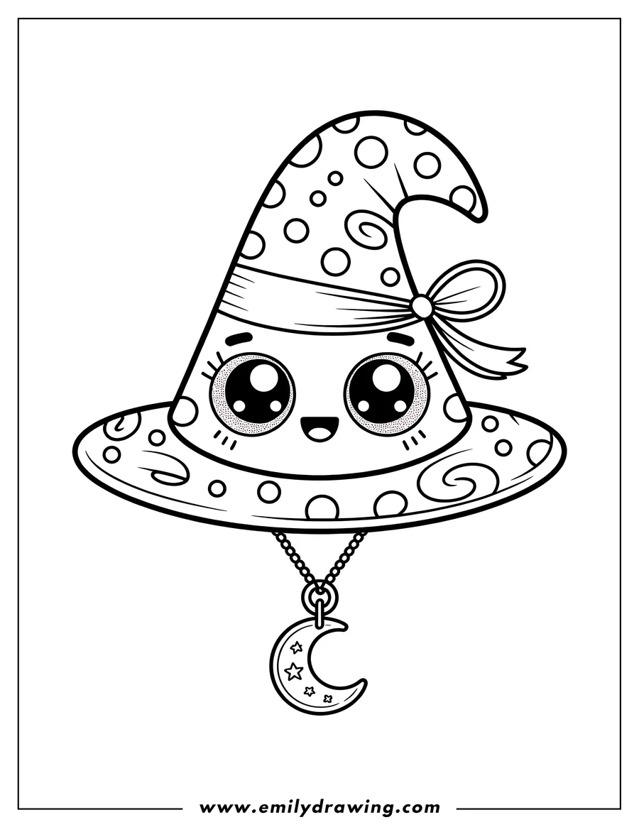 Outline of a cute witch hat with large eyes, a polka dot pattern, and a crescent moon pendant hanging from a chain.