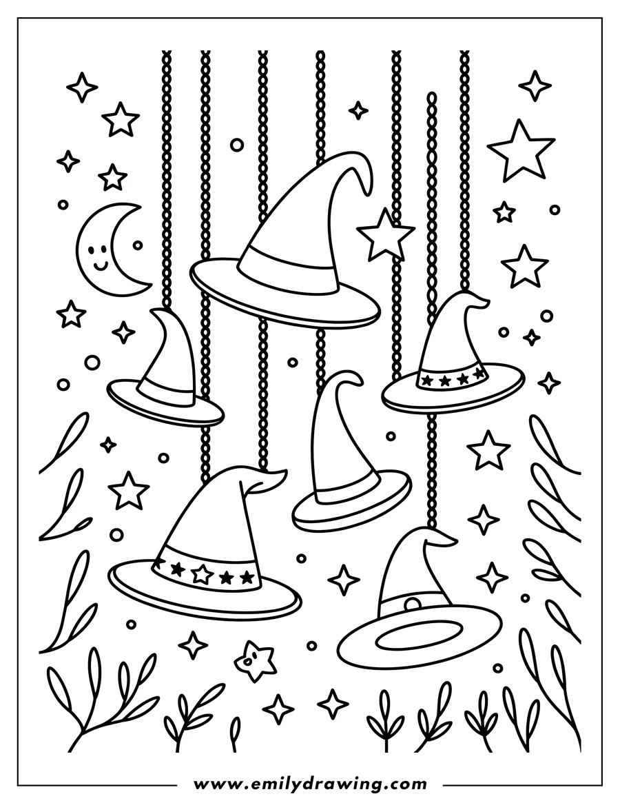 Outline of a wind chime with witch hats, stars, a smiling crescent moon, and decorative leaf accents.