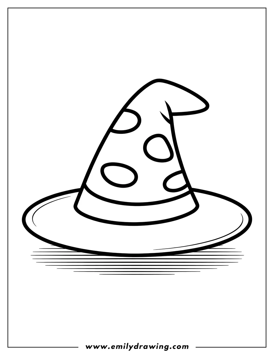 Line art of a wizard's hat with a wide brim and a pointed crown decorated with circles and dots.