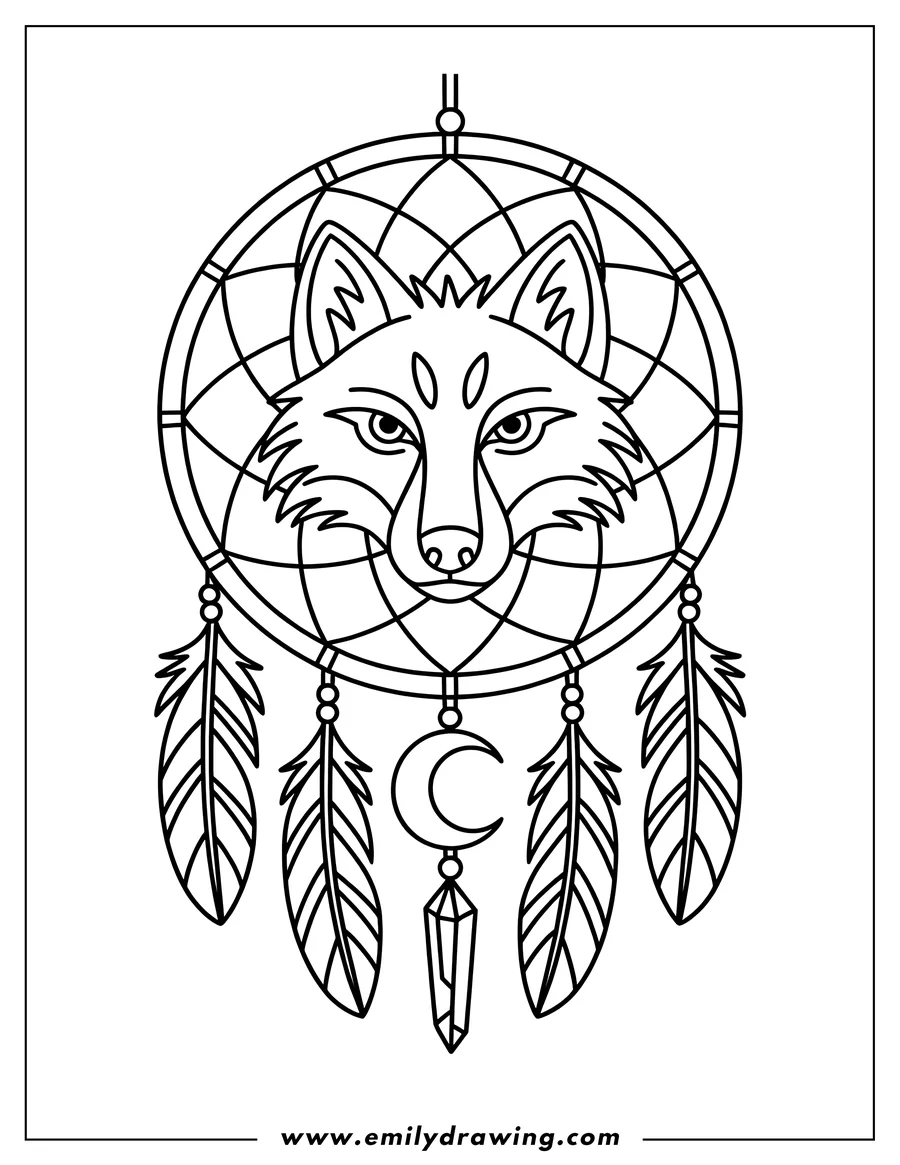 Outline of a wolf dreamcatcher. The wolf's face is inside the dreamcatcher's circle. Feathers, beads, and a crescent moon hang from the dreamcatcher.