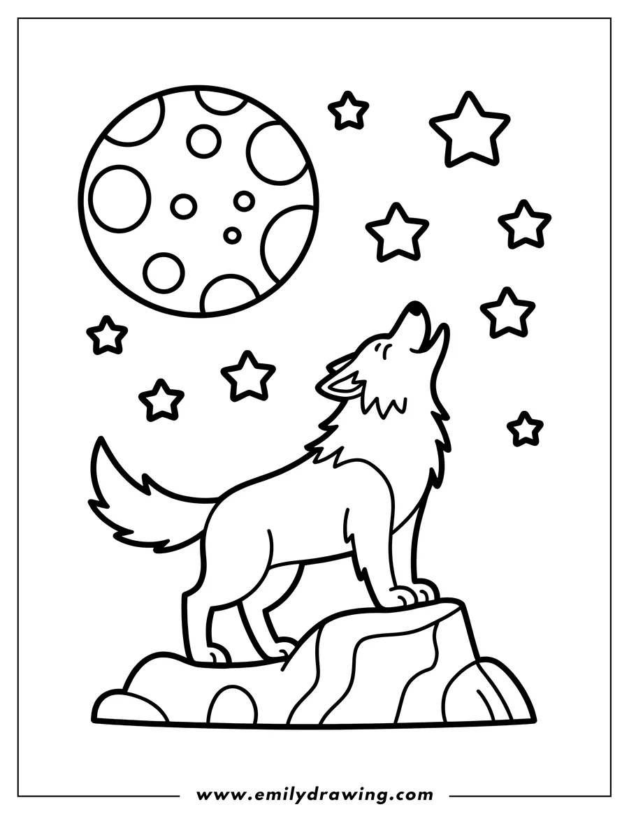 Line art of a wolf howling at the moon, standing on a small hill. Several stars are visible in the background.
