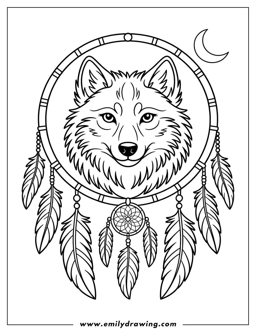 Line art of a wolf's face inside a dreamcatcher decorated with feathers and beads, with a crescent moon in the background.