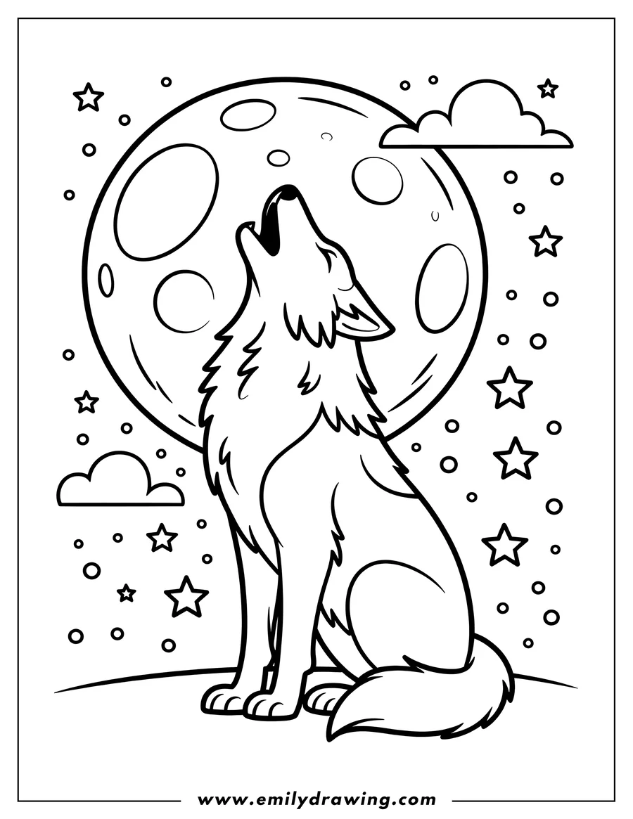 Line art of a wolf sitting with its head up, looking at a large moon in the night sky with stars and clouds