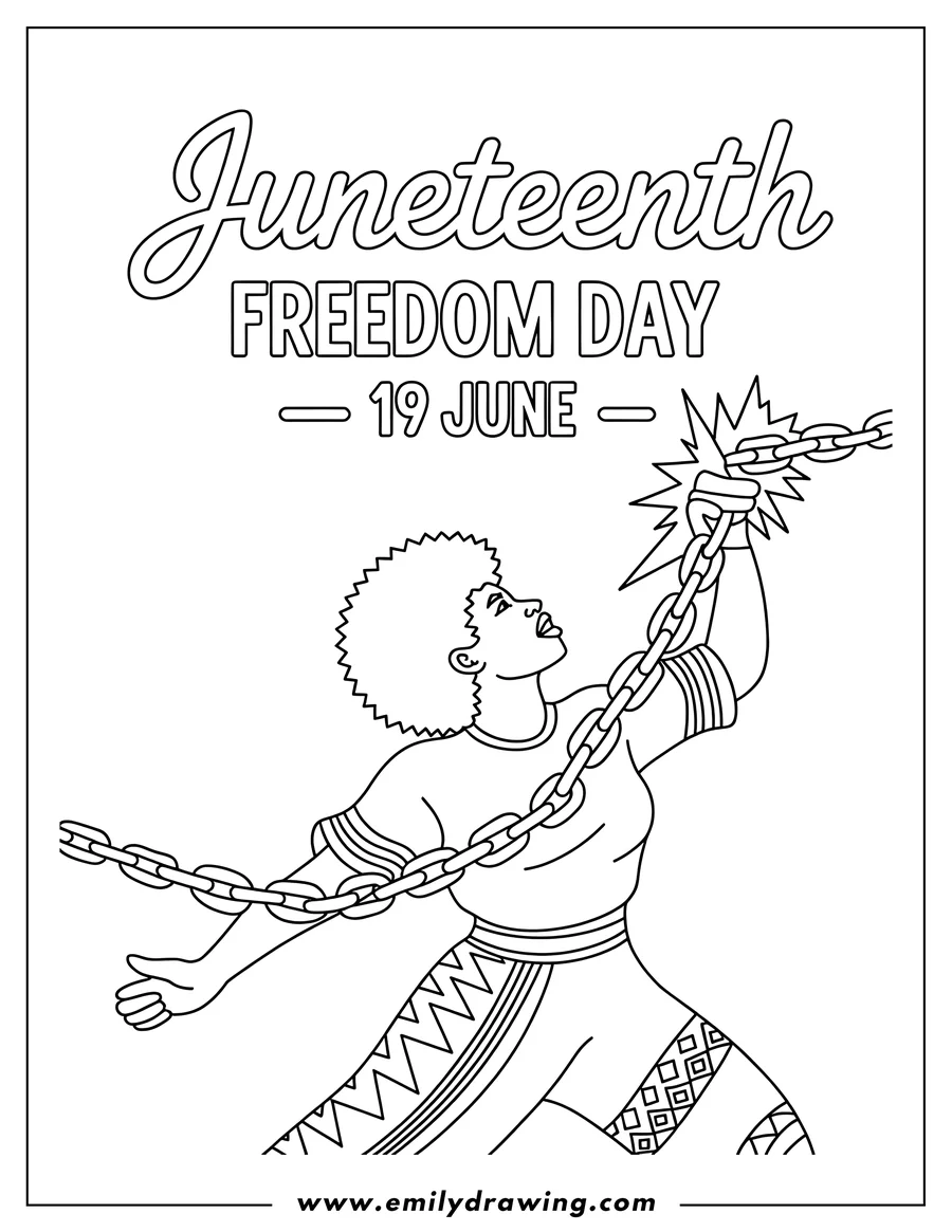 Line art of a woman breaking chains, celebrating Juneteenth.