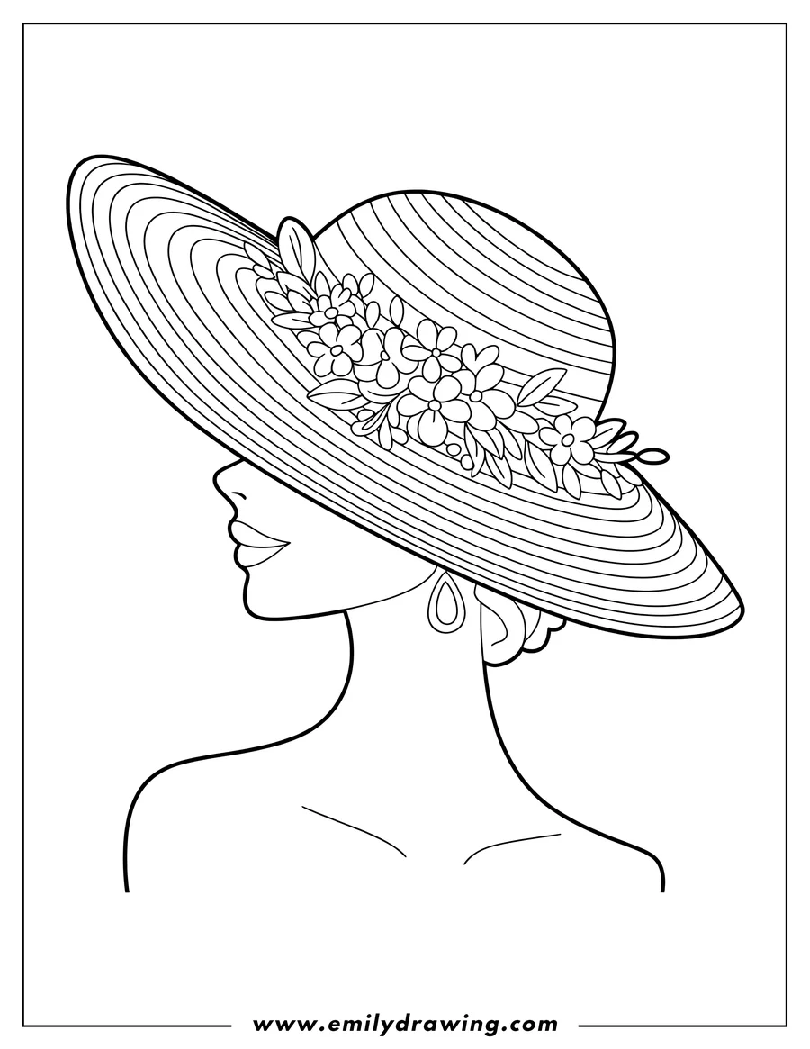 Outline of a woman wearing a large brimmed hat decorated with flowers. She is also wearing a teardrop-shaped earring.