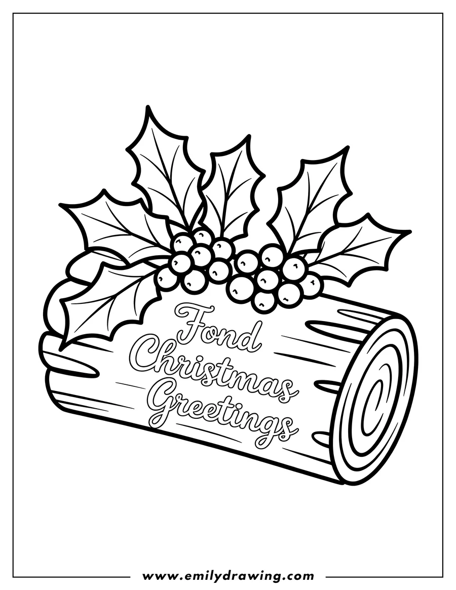 Outline of a yule log decorated with holly leaves and berries. The words 'Fond Christmas Greetings' are written on the log.