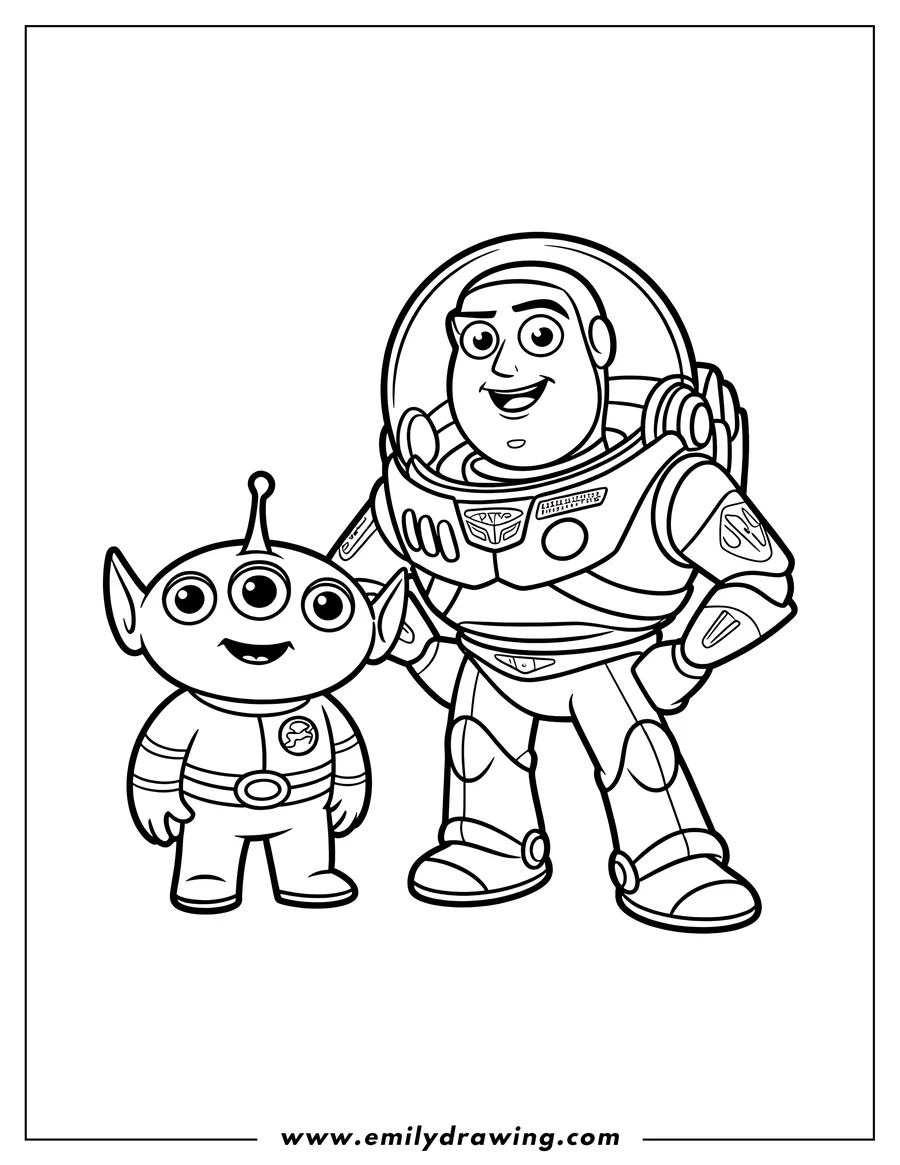 Line art of a three-eyed alien standing next to Buzz Lightyear in his space suit.