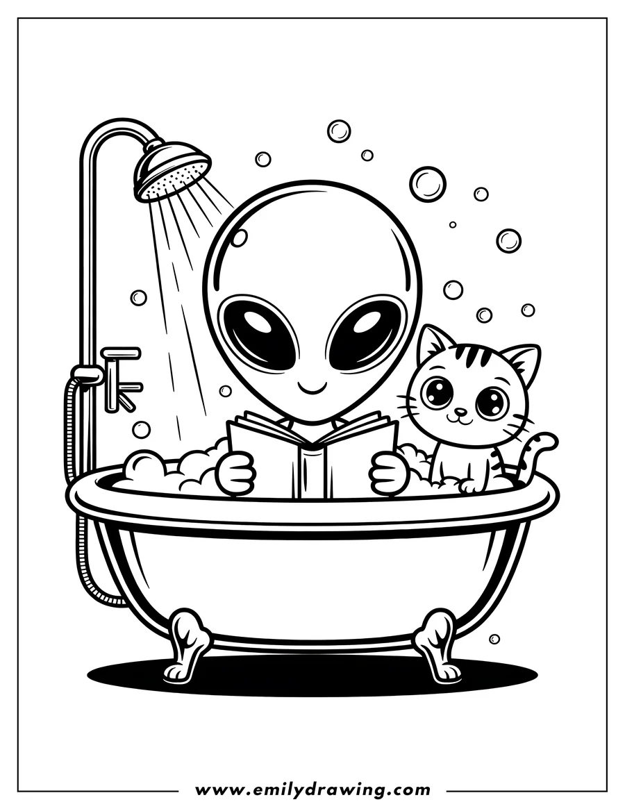 Line art of a friendly alien with large eyes reading a book in a bubble bath, with a small striped cat sitting next to it in the tub. A shower head is visible in the background.