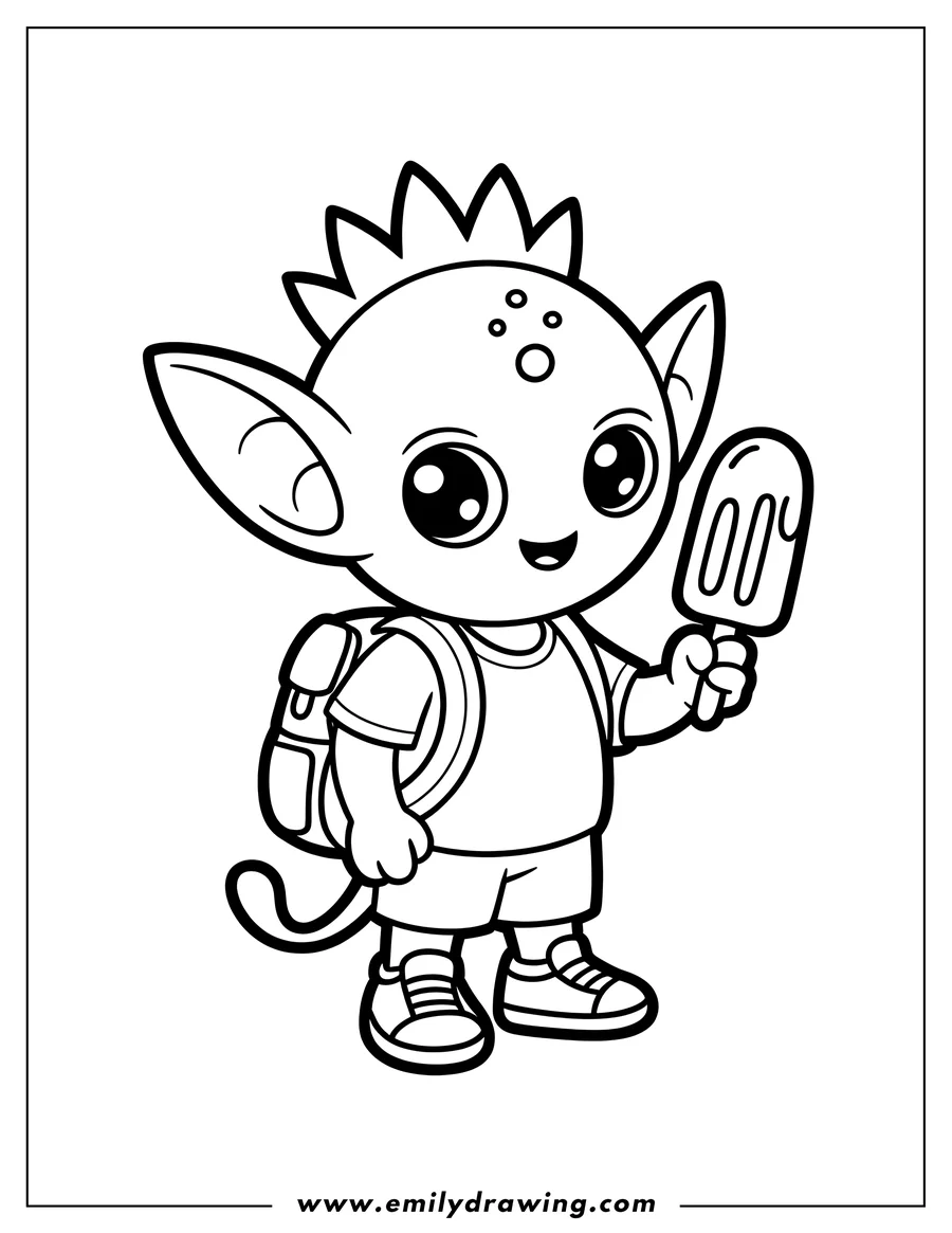 Line art of a cute cartoon alien with big eyes, wearing a backpack, and holding a popsicle.