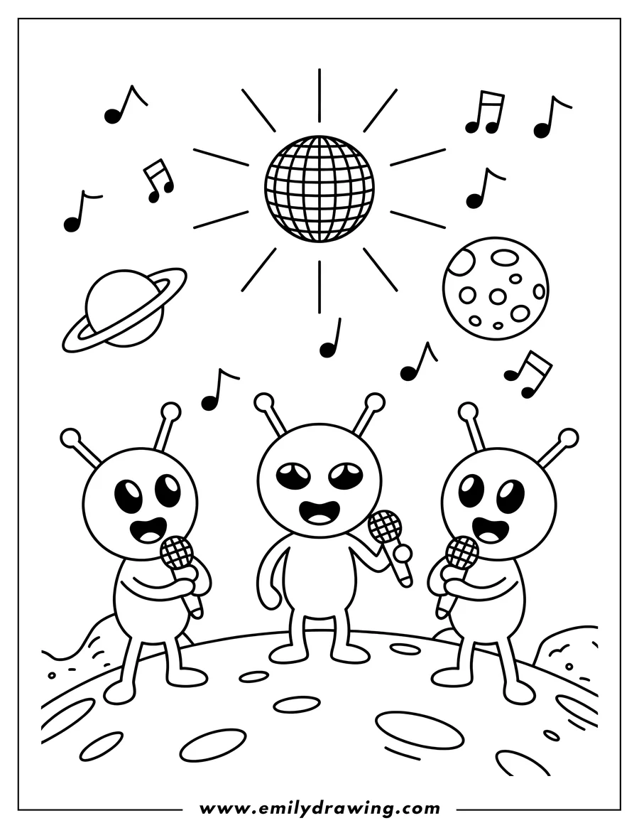 Line art of three happy alien musicians singing into microphones on the moon, with a disco ball, planets, and music notes floating in space above them.