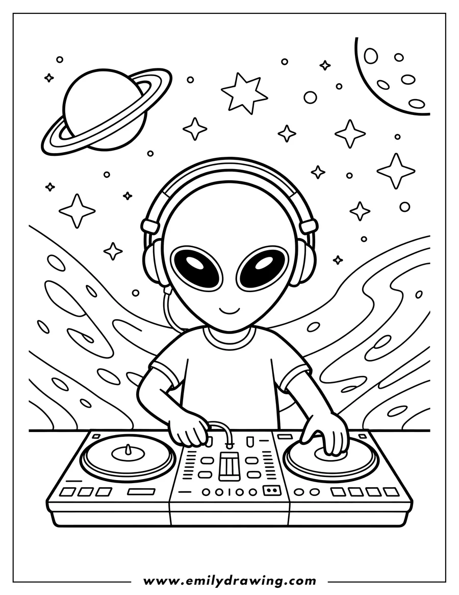 Line art of a cute alien wearing headphones and mixing music on a DJ turntable setup, surrounded by planets and stars in outer space.