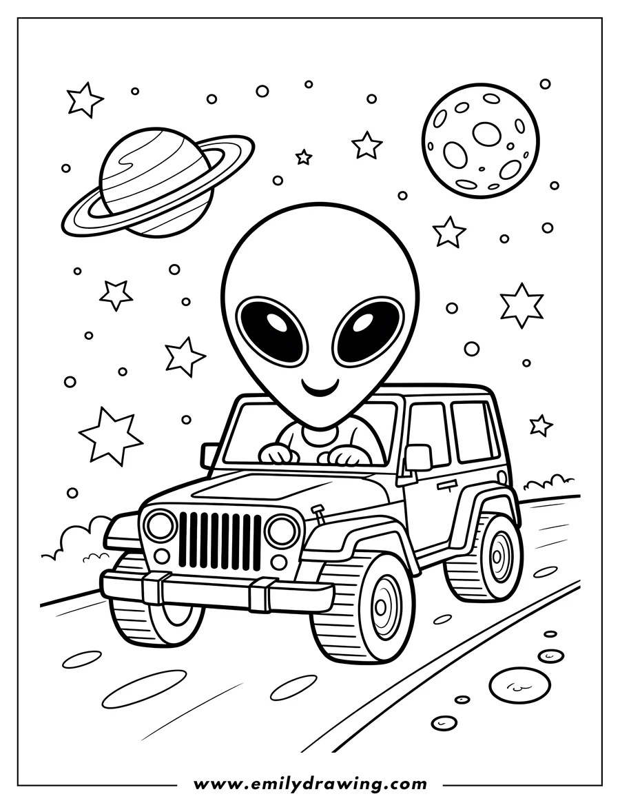 Line art of a friendly alien with big eyes driving a car on a road, with stars, a ringed planet, and a moon-like planet in the background.