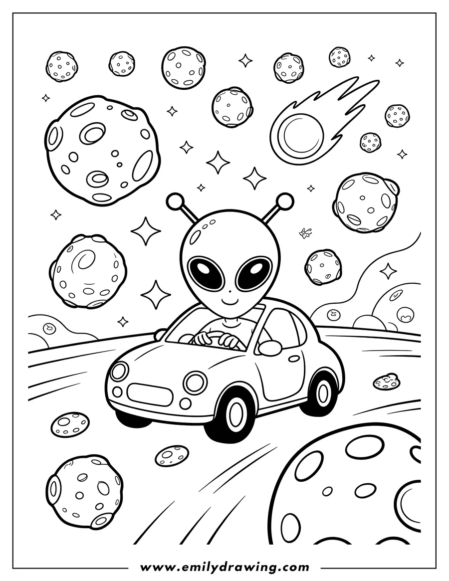 Line art of a cartoon alien with large eyes and antennae, happily driving a small car through outer space, surrounded by various sizes of cratered planets, a comet, and sparkling stars.