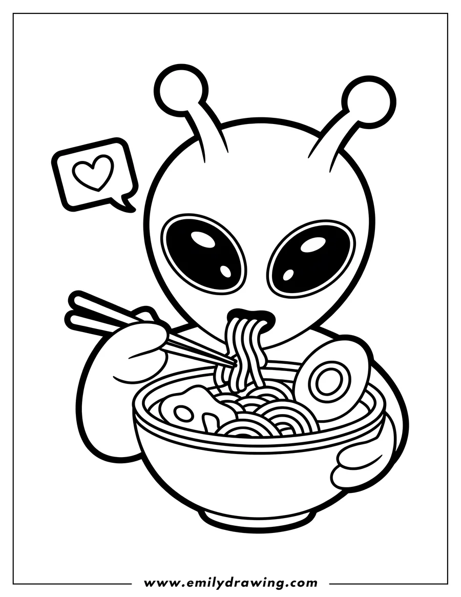 Line art of a cute alien character with big eyes happily eating ramen noodles with chopsticks, with a heart thought bubble next to its head.